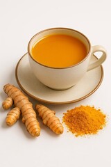 A cup of golden turmeric latte stands beside fresh turmeric roots and a pile of vibrant ground turmeric powder on a