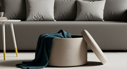 A modern beige storage ottoman with a teal blanket spilling out sits next to a sofa with gray pillows in a stylish living room.