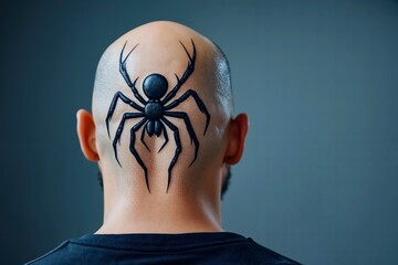 A man with a spider tattoo on his head