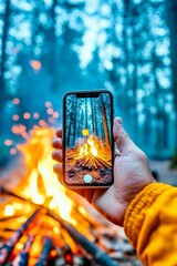 A person taking a photo of a campfire with a cell phone