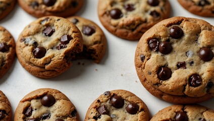 Close up of fresh homemade chocolate chip cookies on a white background One cookie has a bite taken out