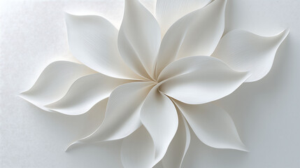 Abstract minimalist sculptural relief of a single white lily blossom in pure white plaster, geometric petal forms, isolated floral essence