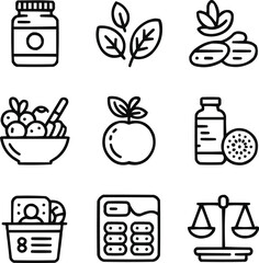 Healthy Nutrition and Organic Food Line Icons Balanced Diet and Supplement Vector Collection