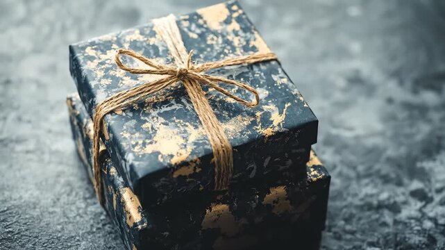 Stack of Black and Gold Wrapped Gift Boxes With String Bow