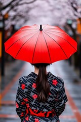 A woman in a kimono holding a red umbrella in the rain
