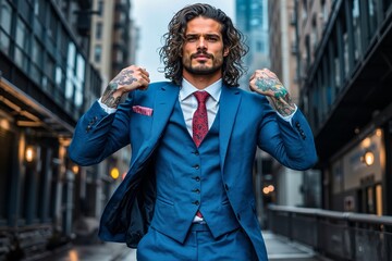 A man in a blue suit and red tie standing in the middle of a city street