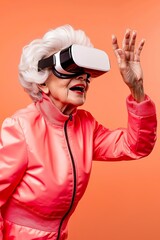 An elderly woman wearing virtual reality glasses