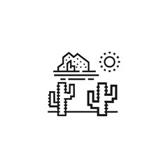 Desert Landscape Vector, Cacti, Mountain, Sun, Linear on White