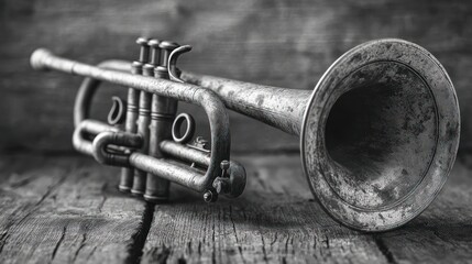 B/W image of a tarnished trumpet lying on weathered wooden planks, artistic and nostalgic