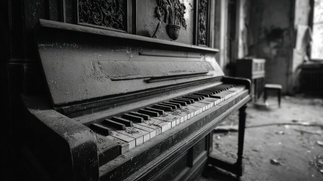 Dust-covered piano in derelict room, broken walls, and window with natural light