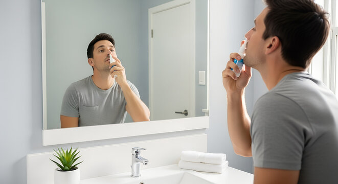 Young man applying skincare product while looking in bathroom mirror   - Powered by Adobe