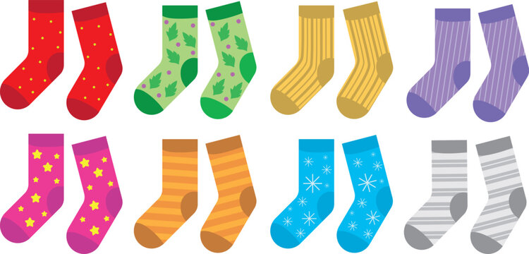 Set of colored pairs of socks with different patterns. Foot apparel collection. Cotton and wool accessory for feet. Vector flat illustration christmas 