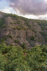 Rocky Hillside with Green Trees under Dramatic Clouds, Mediterranean Landscape