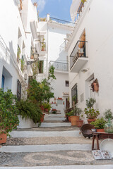 Whitewashed Stair Street with Plants and Balconies in a Quiet Andalusian Town