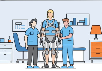 Healthcare professionals examine a patient with a robotic exoskeleton. A clinical setting showcases rehabilitation and advanced technology. Clear, professional composition.