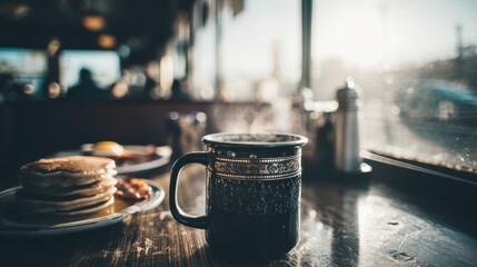 Enjoying a cozy breakfast with pancakes and coffee at a sunny diner table urban setting morning light