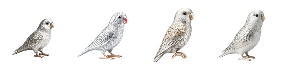 Fototapeta premium Four White Budgerigars - Set of Decorative Bird Figurines on White Background