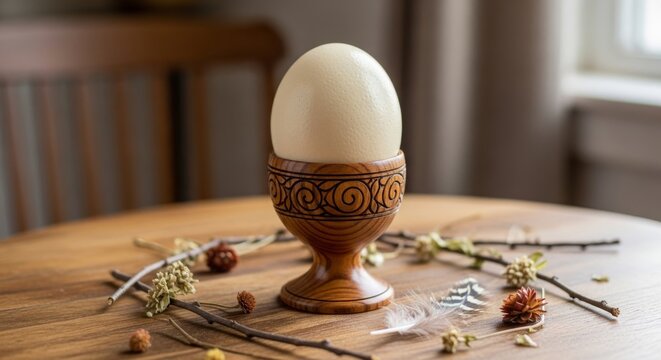 Ostrich Egg in Wooden Egg Cup on Table - An ostrich egg sits in an ornate wooden egg cup on a wooden table. Representing fragility,nature, novelty, craft, and springtime