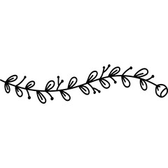 Simple Black Outline Drawing of a Leafy Vine Branch Decorative Element with a Transparent Background