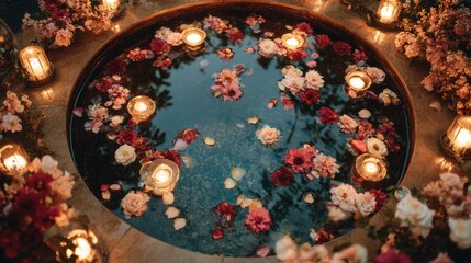 Round basin filled with water, flowers, and floating candles with floral edges