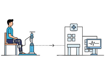 A man uses a robotic leg simulator for remote rehabilitation, connected to a hospital monitoring system. Modern, clean illustration.