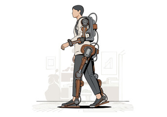 Obraz premium A man walks with a robotic exoskeleton, ?Rehab Ease Boost,? showcasing advanced mobility assistance. Modern, detailed illustration.