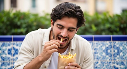 Young man enjoying street food with fries in a park while taking a break in the city Delicious snack and junk food Enjoying the day carefree moments in the urban landscape