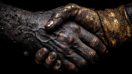 Intense handshake symbolizing unity industrial setting close-up photography dramatic lighting powerful concept