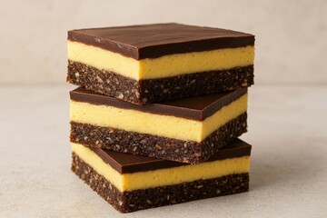 Three stacked square dessert bars featuring dark chocolate ganache creamy yellow filling and a textured base