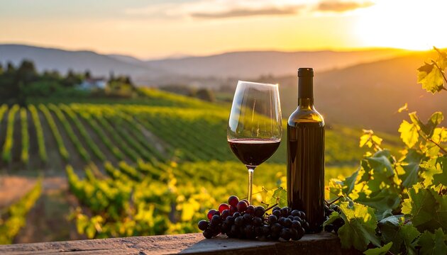 Glass of red wine and bottle rest with grapes against vineyard backdrop