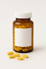 Amber bottle containing yellow oval pills with a white cap and blank label Several yellow tablets lie scattered on a