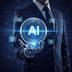 Businessman holding a glowing ai sphere with digital icons