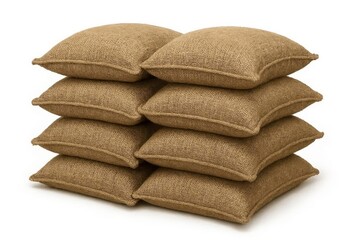 Two neat stacks of four natural brown burlap sacks resting on a pure white background