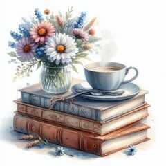 Watercolor flower bouquet in glass vase rests on stacked vintage books beside a steaming teacup with saucer and spoon