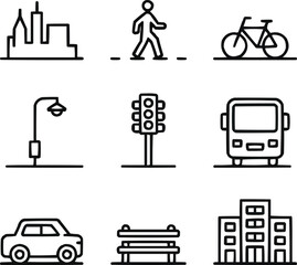 Modern City Outline Icons Streetlife, Transport, and Architecture Vector Pack