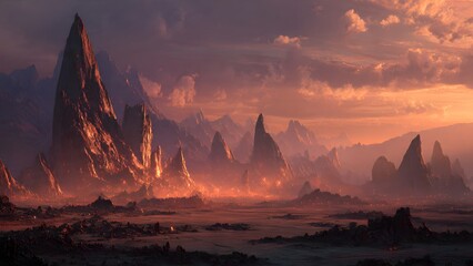 Majestic Mountainscape at Dawn: The image presents a breathtaking panorama of towering mountain peaks, bathed in the soft, warm hues of dawn, creating a serene and awe-inspiring landscape.