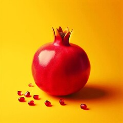 A vibrant red whole pomegranate stands on a bright yellow surface surrounded by scattered ruby red arils