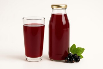 Glass of blackcurrant juice and a clear bottle filled with red berry juice accompanied by fresh blackcurrants and a