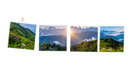 Four nature scene prints taped, landscapes, mountains, flowers