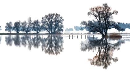 Calm water reflecting bare trees under a grey, overcast sky