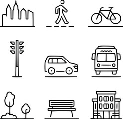 Modern City Outline Icons Streetlife, Transport, and Architecture Vector Pack