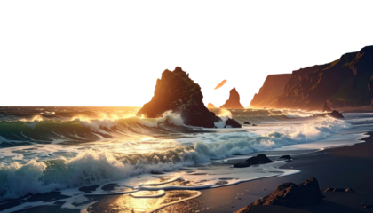 Ocean waves crashing on beach rocks during golden sunset