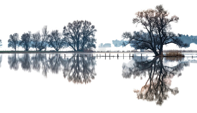 Calm water reflecting bare trees under a grey, overcast sky