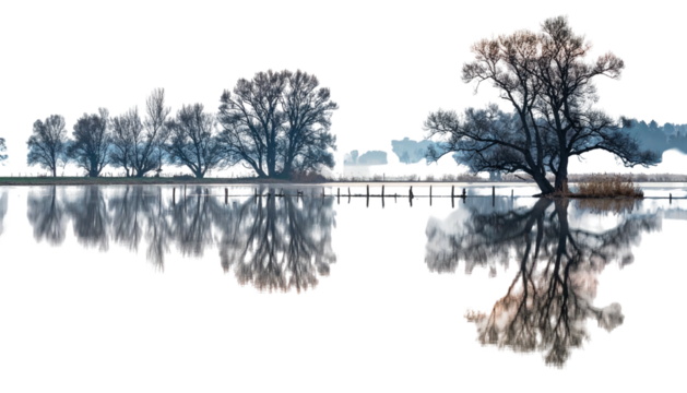 Calm water reflecting bare trees under a grey, overcast sky
