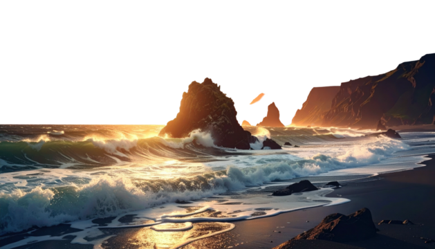 Ocean waves crashing on beach rocks during golden sunset - Powered by Adobe