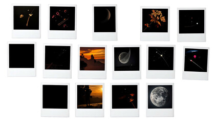 Instant photos show assorted nature & space scenes in grid format