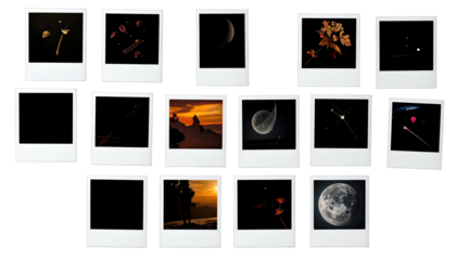 Instant photos show assorted nature & space scenes in grid format