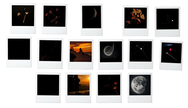 Instant photos show assorted nature & space scenes in grid format
