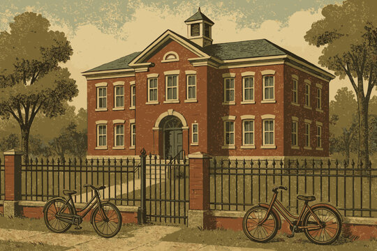 Nearby iron fence vintage environment retro vector grammar illustration school bicycles