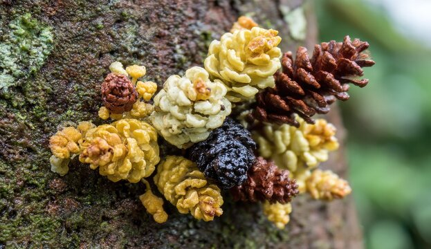 Multi-colored pinecone like growths on a tree trunk.